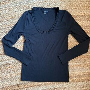 J Crew Small Black Ribbed Scoop Neck Long Sleeve Top With Ruffle Details at Neck